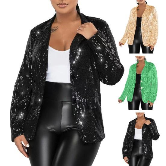 Женский пиджак с лацканами, длинный рукав, однобортный пиджак с карманами-клапанами, блестящие пайетки, свободная верхняя одежда