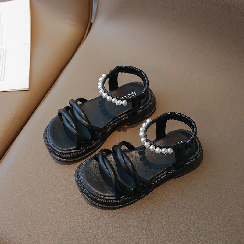 Сандалии для девочек Летние детские туфли принцессы повседневные жемчужные пляжные туфли модные детские сандалии на плоской подошве с открытым носком однотонные универсальные без застежек