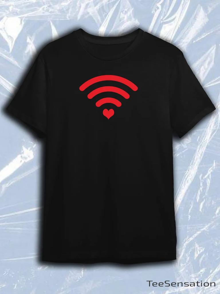 TeeSensation Black Crew Neck Short Sleeve T-Shirt with Red Wifi Signal Heart Symbol Print
