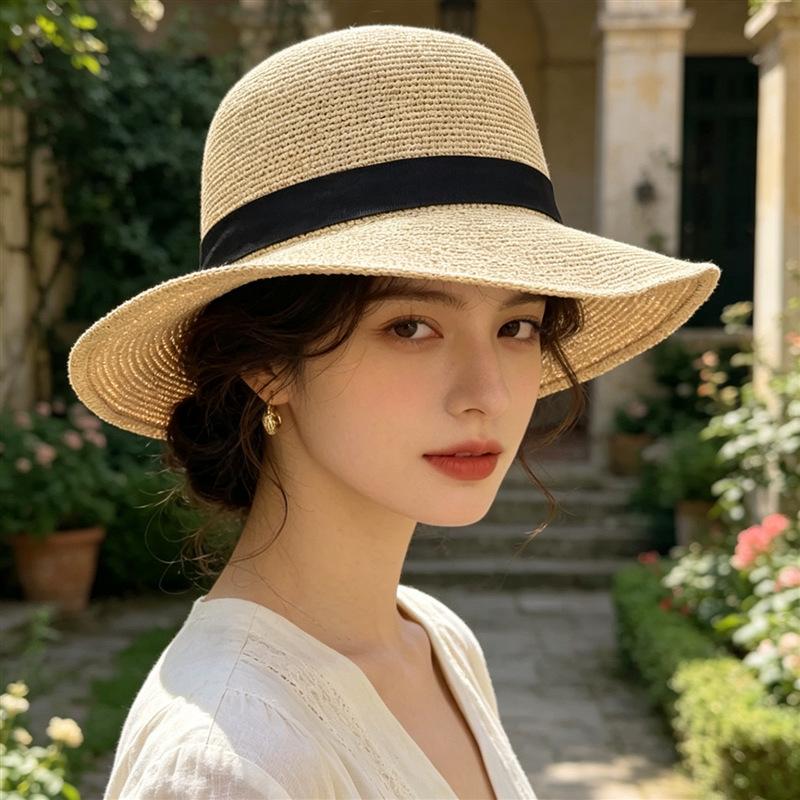 Fine woven Lafite straw hat women's sunshade sunscreen bucket hat seaside sun hat children's UV protection brim sun hat