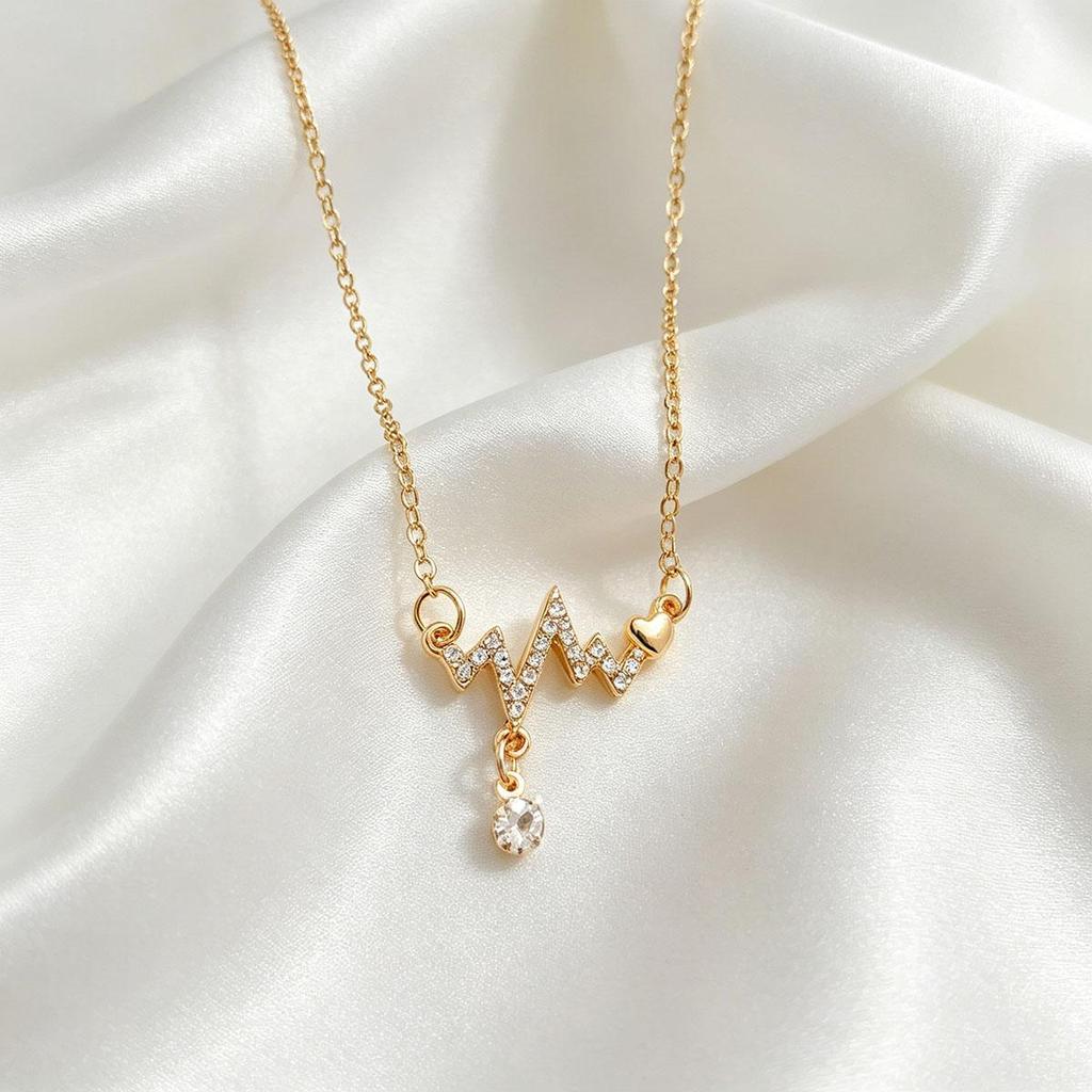 Heartbeat Gold Necklace for Women, Simple Elegant Design, ECG Style Niche Fashion Internet Celebrity Cold Tone Collarbone Chain Trendy