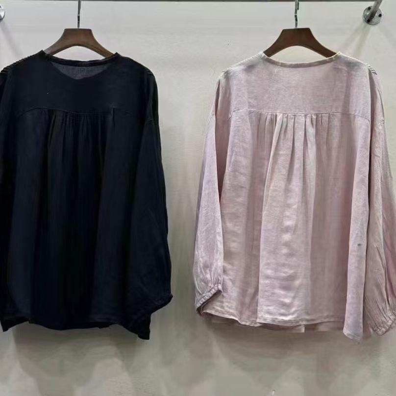 1116 Spring New Women's Crew Neck Japanese Pleated Top Shirt Loose Shirt Linen Pleated Single-breasted Long Sleeve