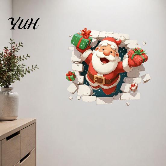 Seasonal Wall Art 3D Santa Claus Christmas Decals, Break Through Reindeer Party Supplies Window Stickers, Removable Winter Holiday Decorations