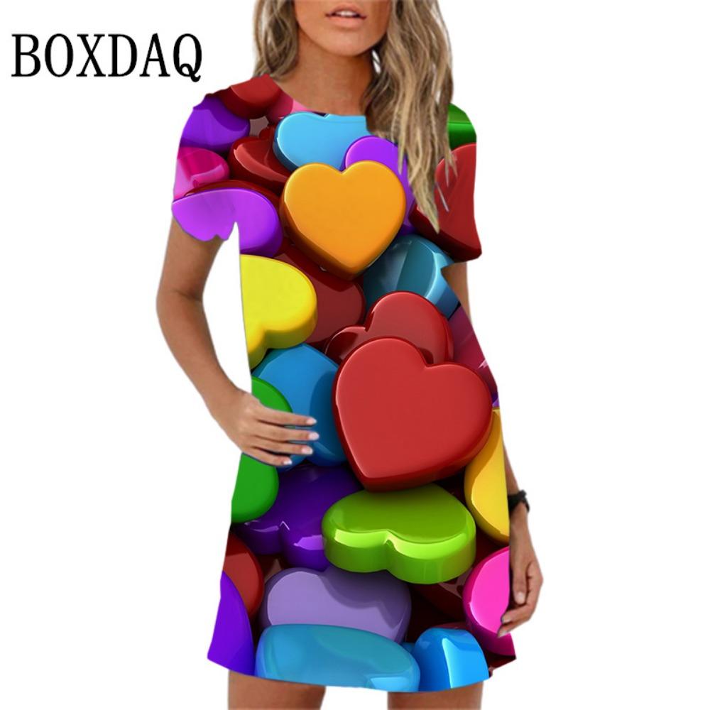 Элегантное и милое мини-платье с принтом в виде любви для женщин и девочек, с короткими рукавами, летнее, весеннее, просторное платье-сарафан