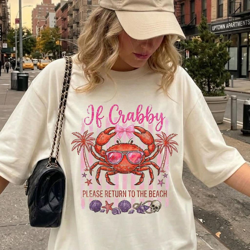 If Crabby Please Return To The Beach Shirt, Comfort Colors Beach Tee, Funny Coastal Vacation T-Shirt, Retro Summer Graphic Tee