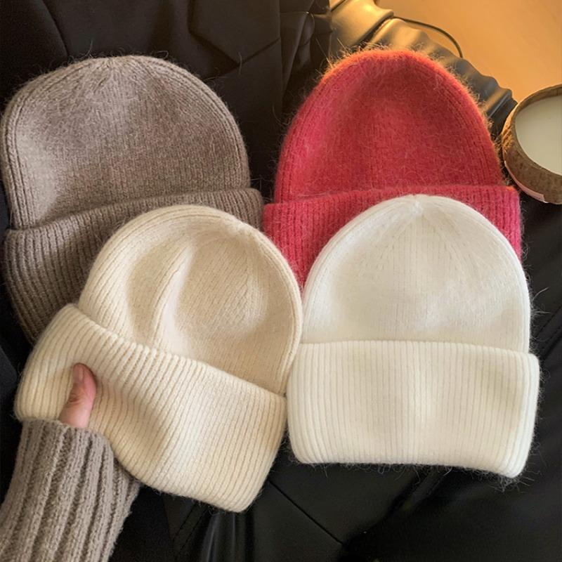 Solid Color Rabbit Fur Knitted Hat Women Winter Warm Wool Hat Warm Angora Fluffy Warm SKI Beanies Korea Ins Fashion Bonnet Caps