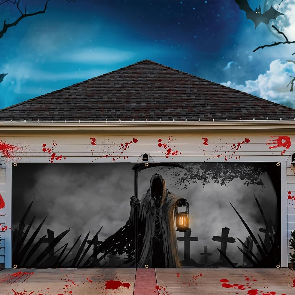 Halloween garage door banner - A terrifying figure with a lamp - A thrilling entrance Halloween night - Party decoration