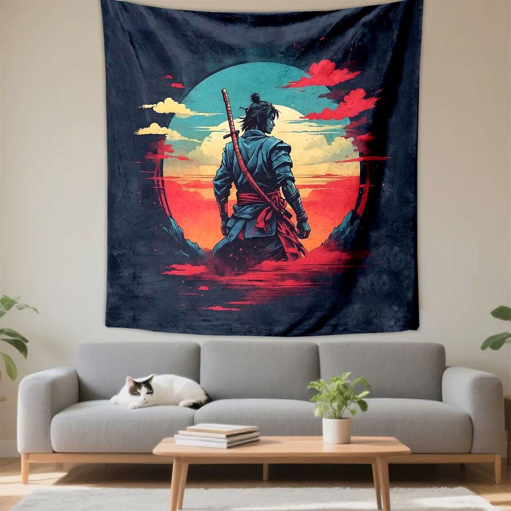 Samurai Warrior at Sunset Patterned Tapestry Decorative Wall Hanging, Home Bedroom Living Room Decor