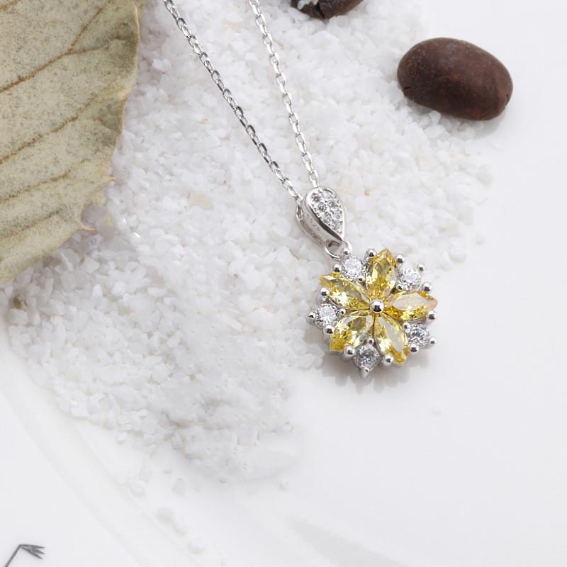 Buyee 925 Sterling Silver Flower Pendant Chain Pink Yellow Crystal Cherry Blossoms Pendant for Woman Fine Jewelry Chain