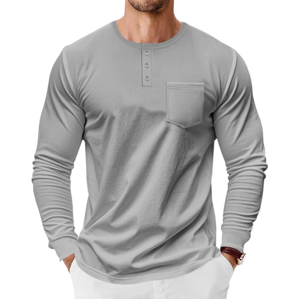 Мужская рубашка-henley с длинным рукавом Свободная футболка с карманом для весны и осени