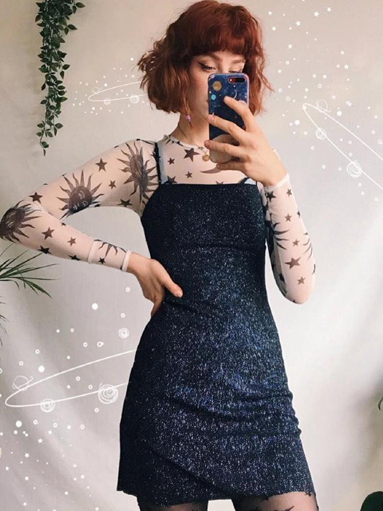 Прозрачная сетчатая сексуальная футболка с принтом Солнца и Луны, женская тонкая базовая повседневная футболка с круглым вырезом и длинным рукавом, новинка весны 2023 г.