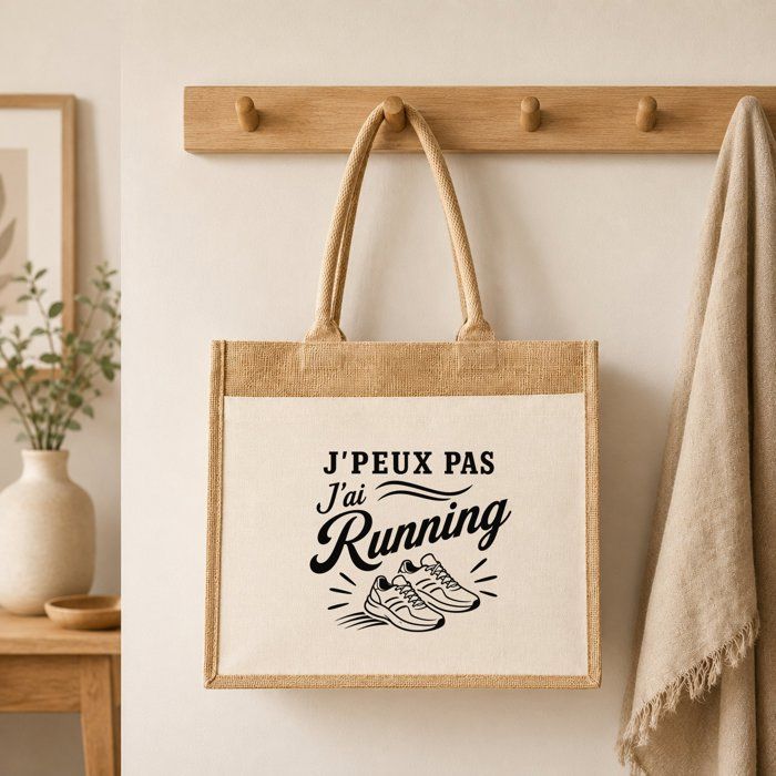 Sac Cabas Jute - PLANETEE - J'peux pas minimaliste - Toile de jute et coton - 21 L (43×33×21 cm) - Illustration au trait