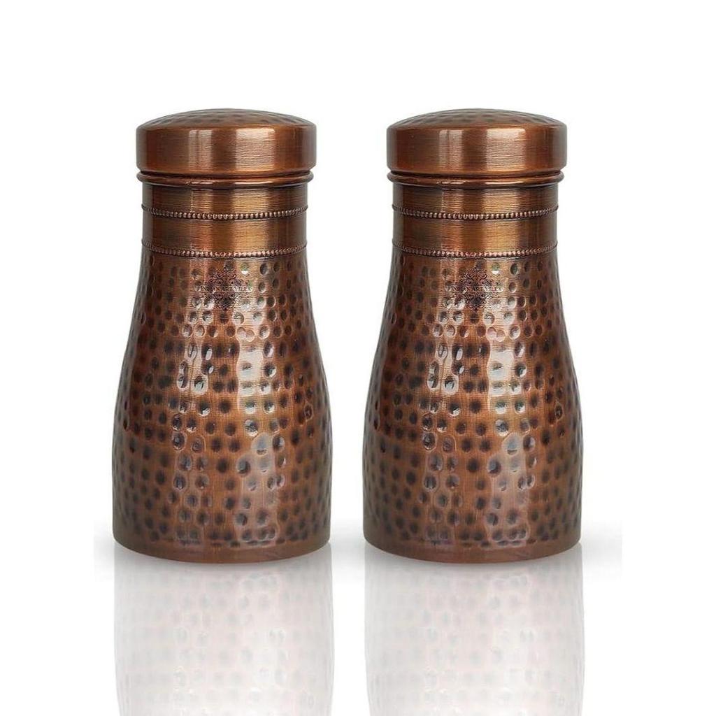Pure Copper Bedroom Water Bottle with Inbuilt Glass, Hammered Antique Design - Drinkware & Storage Purpose, Volume 900 Ml (Pack of 2)