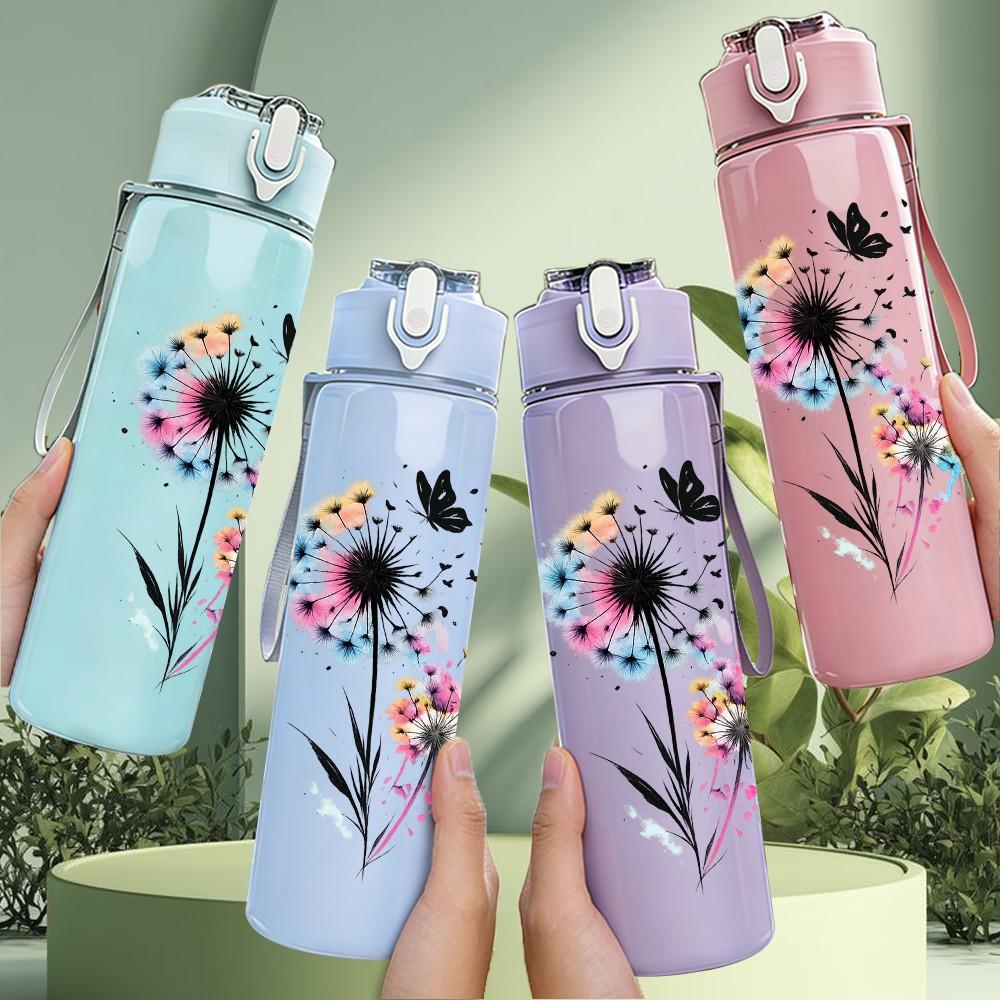 1PC Dandelion Flying Seed Watercolor Print 750ml Color Plastic Sports Water Bottle Leakproof Flip Straw Lid Suitable for Sports Office Home Use