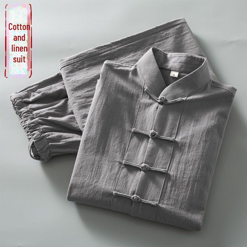 Мужской летний китайский костюм Тан из хлопка и льна: Модный наряд в стиле мандарин с пуговицами