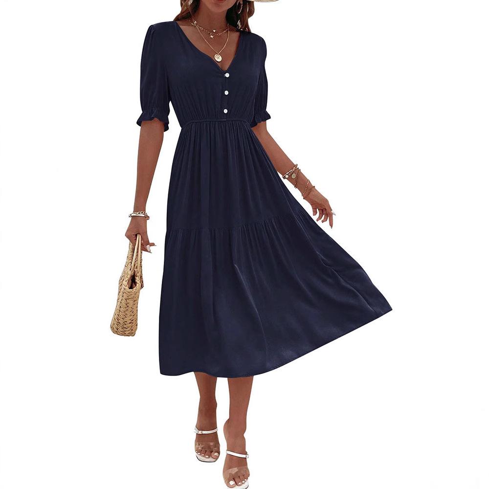 Amazon Independent Station Foreign Trade New European and American Summer Women's Clothing Cross-border Waist V-Neck Solid Color Dress Women