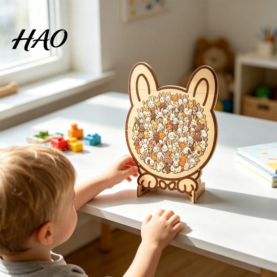 Decorative Puzzle Piece Wooden Animal Jigsaw Puzzle, Pig Rabbit Theme Difficult Toy Challenge Game, Kids Adults for Desk Decoration Educational Game
