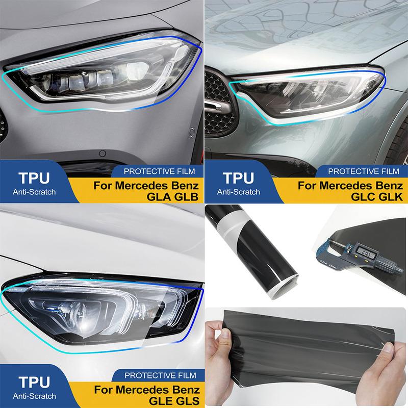 For Mercedes Benz GLA/GLB/GLC/GLK/GLE/GLS Pre-Cut TPU Headlight PPF Smoke Black High Gloss Anti-Scratch Protective Vinyl Wrap