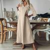 Женская мода V-образный вырез рукав семь карман однотонный молния повседневный отпуск длинные хлопково-льняные платья