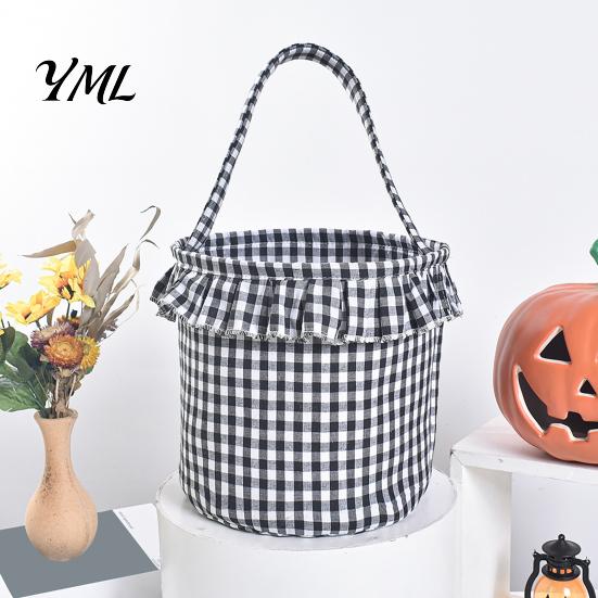 Pumpkin Ghost Pattern Totes Halloween Basket, Plaid Ruffle Trick or Treat Candy Bucket with Handle Cloth Gift Bags for Birthdays Kids, Reusable