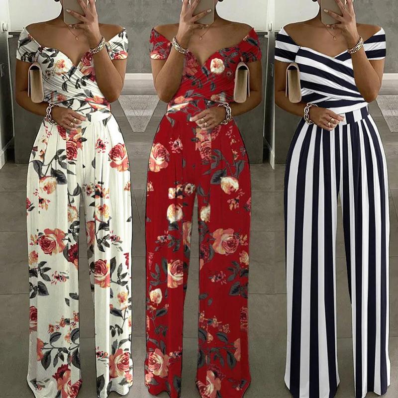 Summer Fashion Printed Wide Leg Jumpsuit Women Sexy Slash Neck Off-shoulder High Waist Jumpsuit Womem Csaual Suit