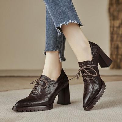 Модные женские туфли на толстом каблуке, осенние, новые, с острым носком, с глубоким ртом, с передней молнией, противоскользящие, износостойкие, высокие каблуки