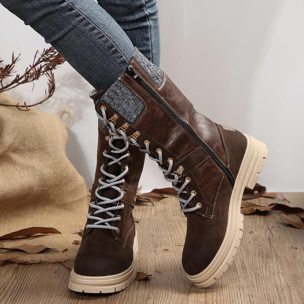 Women's Ankle Booties Winter Lace Up Elastic Mid Calf Military Combat Boots With Zipper Chunky Platform Lug Sole Booties for Women Fall Winter Shoes