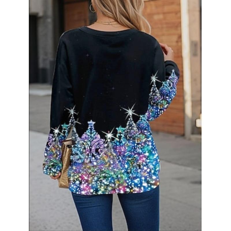 Женская рождественская толстовка с длинным рукавом с пайетками и рисунком в виде елки, сверкающий праздничный черный топ, зимняя повседневная одежда для праздников