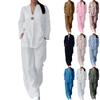 Ayollar uchun yumaloq V-boʻyinli pulover, kundalik uzun qisma, uzun shimlar, paxta zigʻir matosidan tikilgan moda kostyumi