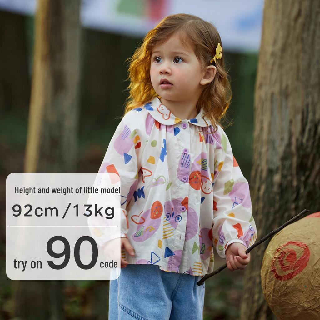 2025 Spring Girls' Cute Sweet Shirt: Full Print Large Lapel Casual Top