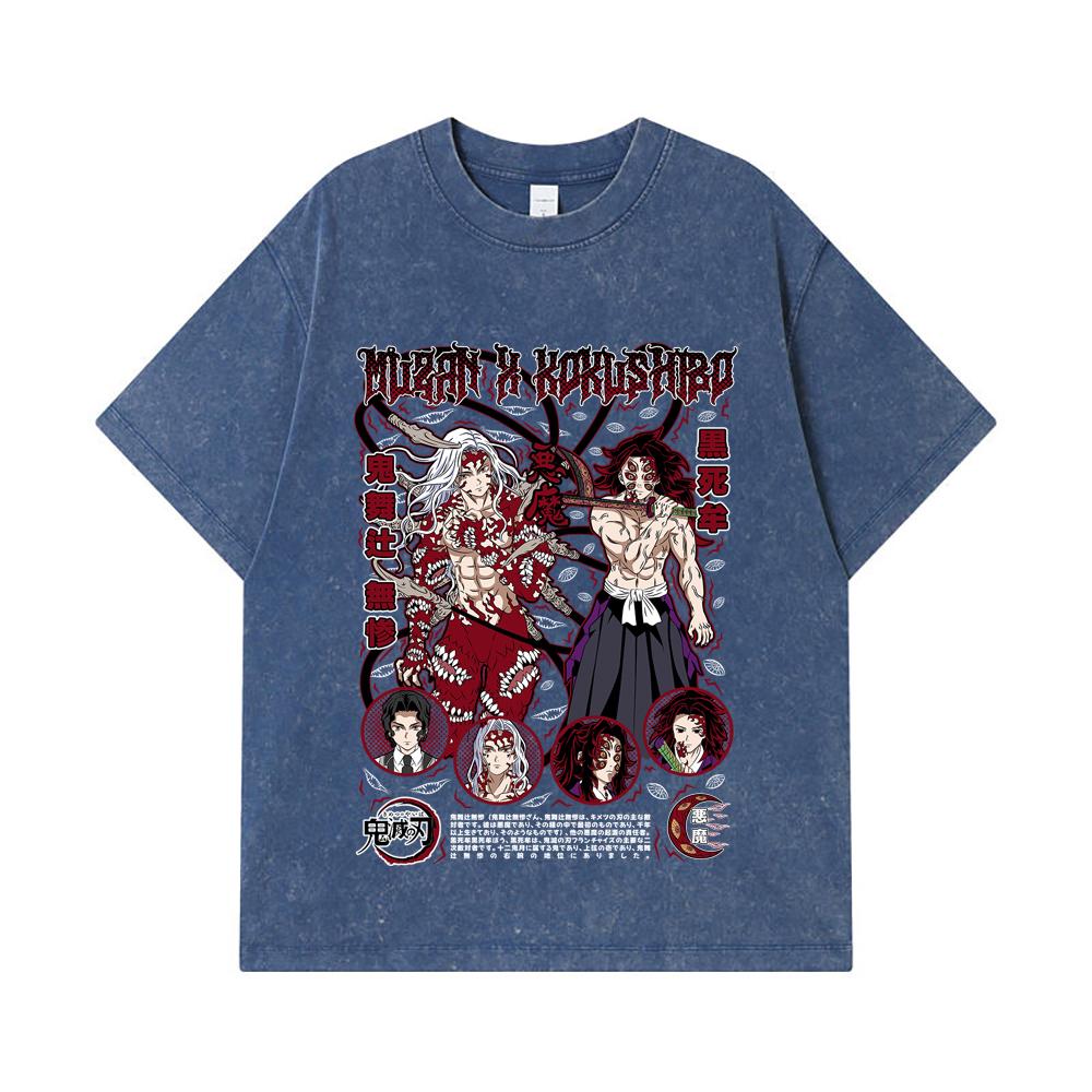 275 GSM Washed T-shirts 100% Cotton Demon Slayer V14 Muzan Kokushibo Print Unisex Heavy Cotton T Shirt