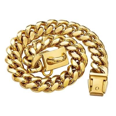 Прочный ошейник для собак из нержавеющей стали с золотой пряжкой безопасности, 14 мм, кубинская цепочка для дрессировки, ожерелье для прогулок с доберманом, титан