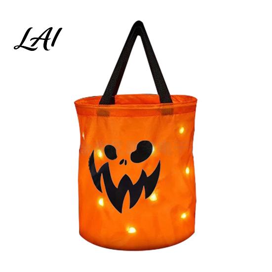 Glowing LED Trick or Treat Pail Pumpkin Candy Bag with Lights Reusable Halloween Costume Prop for Kids Tote Kids Handbag Party Favors Container