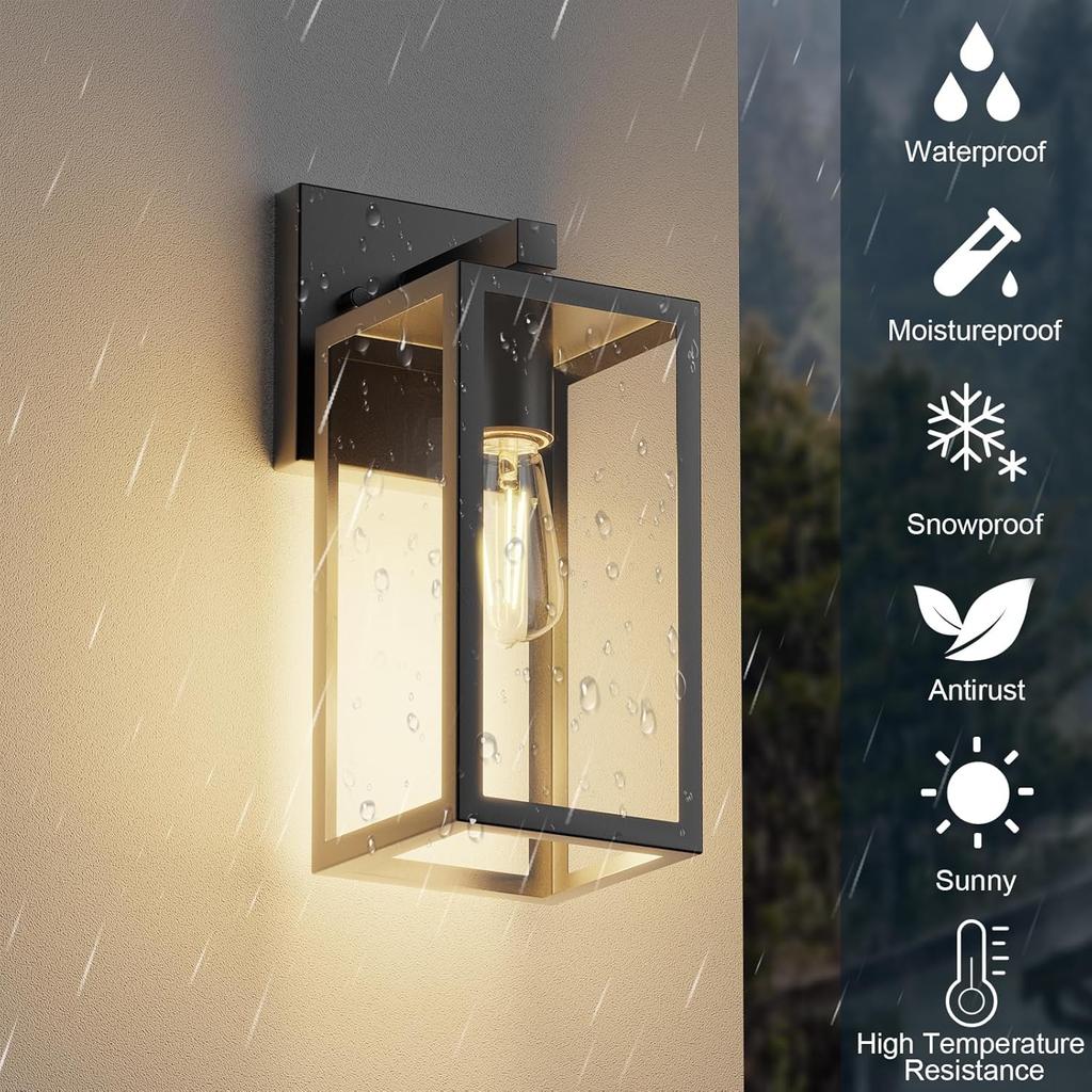 Outdoor Porch Wall Light, Waterproof Lantern with Frame and Clear Glass Shade, Modern Wall Light for Patio Entrance Corridor