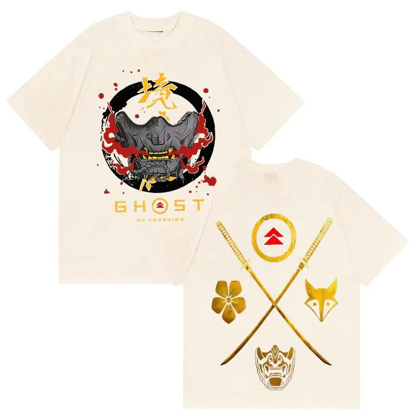 Japanese Game Ghost of Yotei Graphic pure cotton mens shirt ukiyoe style ONeck Short Sleeve womens fashion Tshirt
