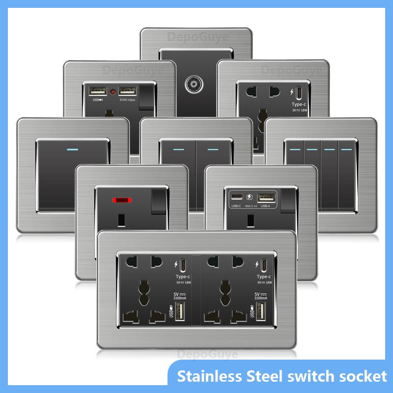 Luxury Brushed Stainless Steel Wall Light Switch,Universal 5pin 18W Type-C Quick Charging outlet,UK Standard Dual USB Socket