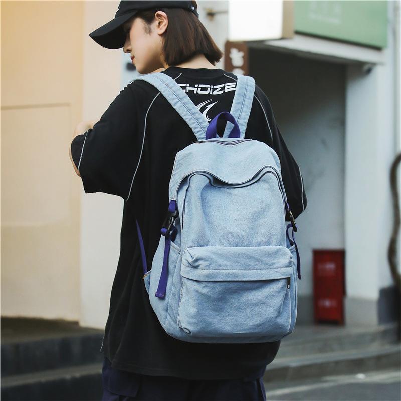 Solid Color Women Denim Backpack College Style Student Backpack Men Travel Bag
