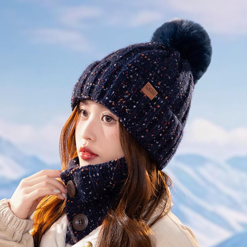 Winter Women Knitted Hat Scarf Set Thickened Fleece Lining Skullcap Outdoor Cycling Warm Wind Protection Beanies