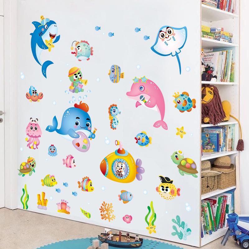 Мультяшная наклейка на стену с морскими животными, украшение детской комнаты в детском саду, самоклеящийся подводный мир