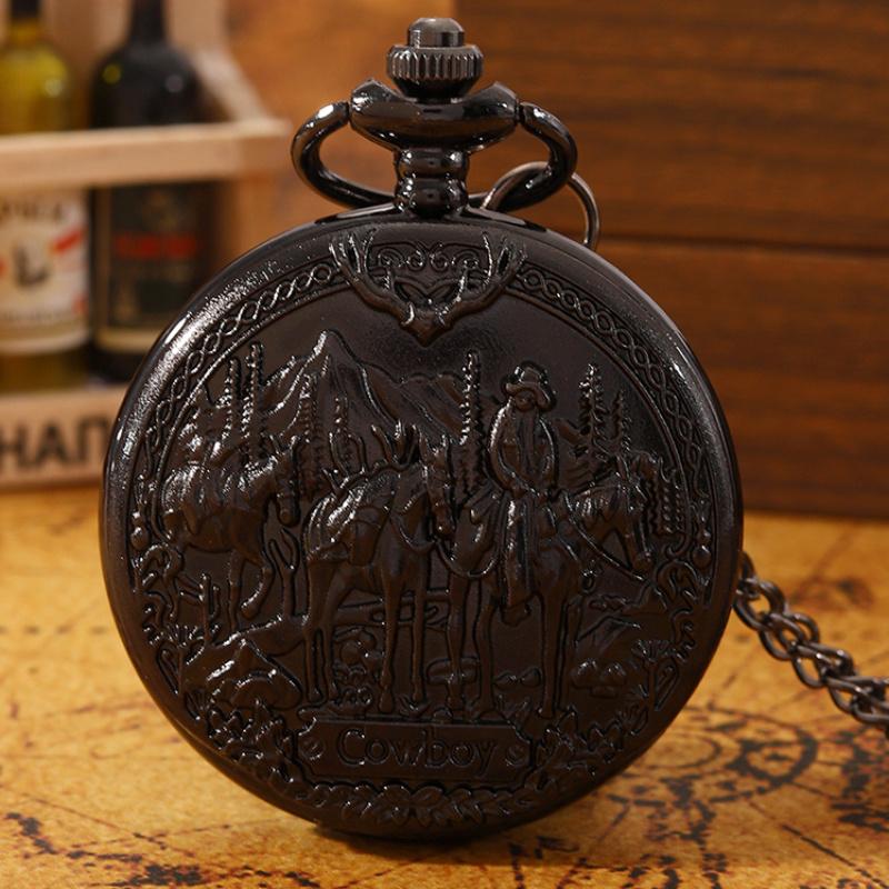 1 шт. Черные кварцевые карманные часы в стиле стимпанк, винтажный ковбойский узор в стиле вестерн, изысканная коллекция подарков на день рождения для мужей и мальчиков