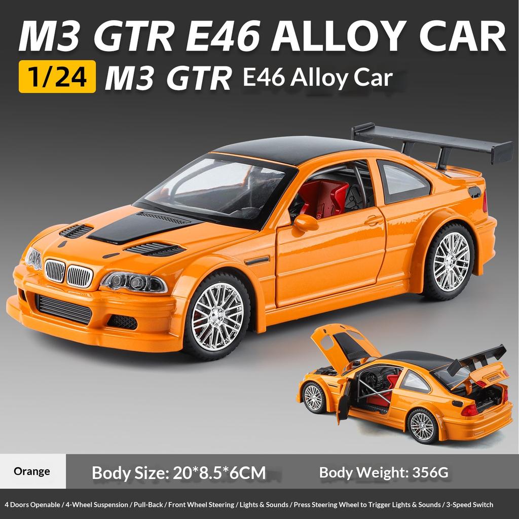 1/24 M3 GTR E46 Металлическая литая модель автомобиля Звук и свет Симуляция Оттяжка Мальчик Игрушечная машина Настольный дисплей Украшение Подарок на день рождения