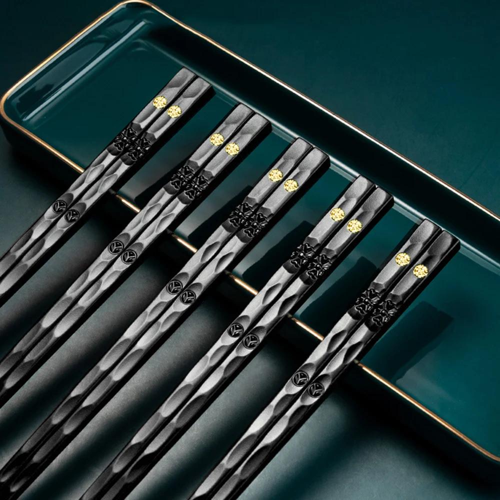 5Pair Reusable Chinese Chopsticks Sushi Sticks Alloy Non Slip Dishwasher Safe Bamboo Shape Food Grade Chopsticks