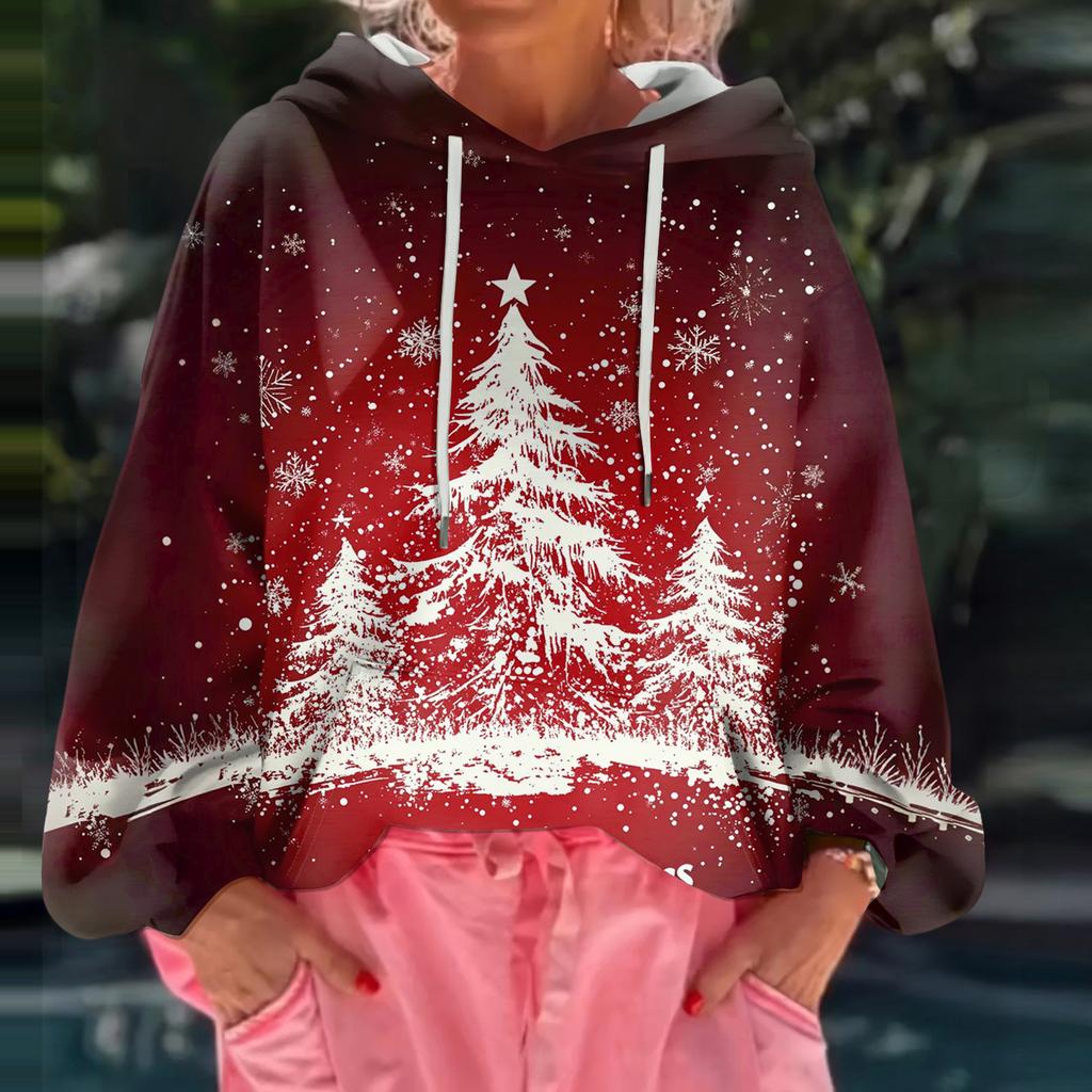 Women's Christmas Printed Loose Casual Long Sleeved Hooded Sweatshirt