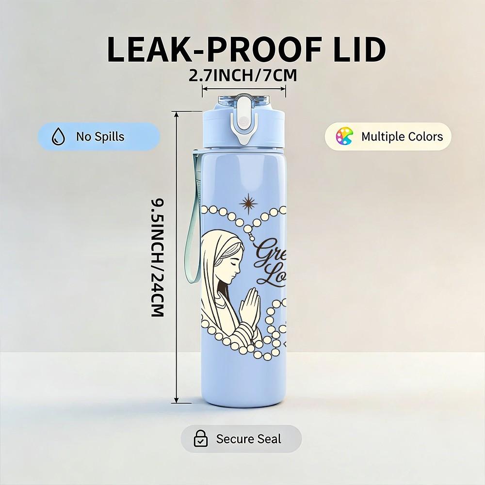 1PC Diamond Heart Religious Mary Print 750ml Color Plastic Sports Water Bottle Leakproof Flip Straw Lid Suitable for Sports Office Home Use