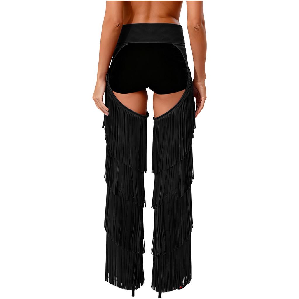 Женские Вестерн Ковбойские Штаны с Открытой Промежностью Многослойные С бахромой Без Задника Регулируемые Пряжки Вестерн Мотоциклетные Штаны для Рейвов Тематических Вечеринок Рождества