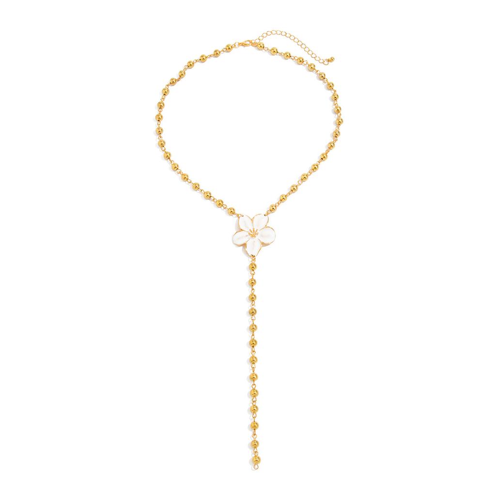 Light Luxury Niche Oil Dripping Flower Y-shaped Necklace, Simple Round Bead Chain Beaded Collarbone Chain