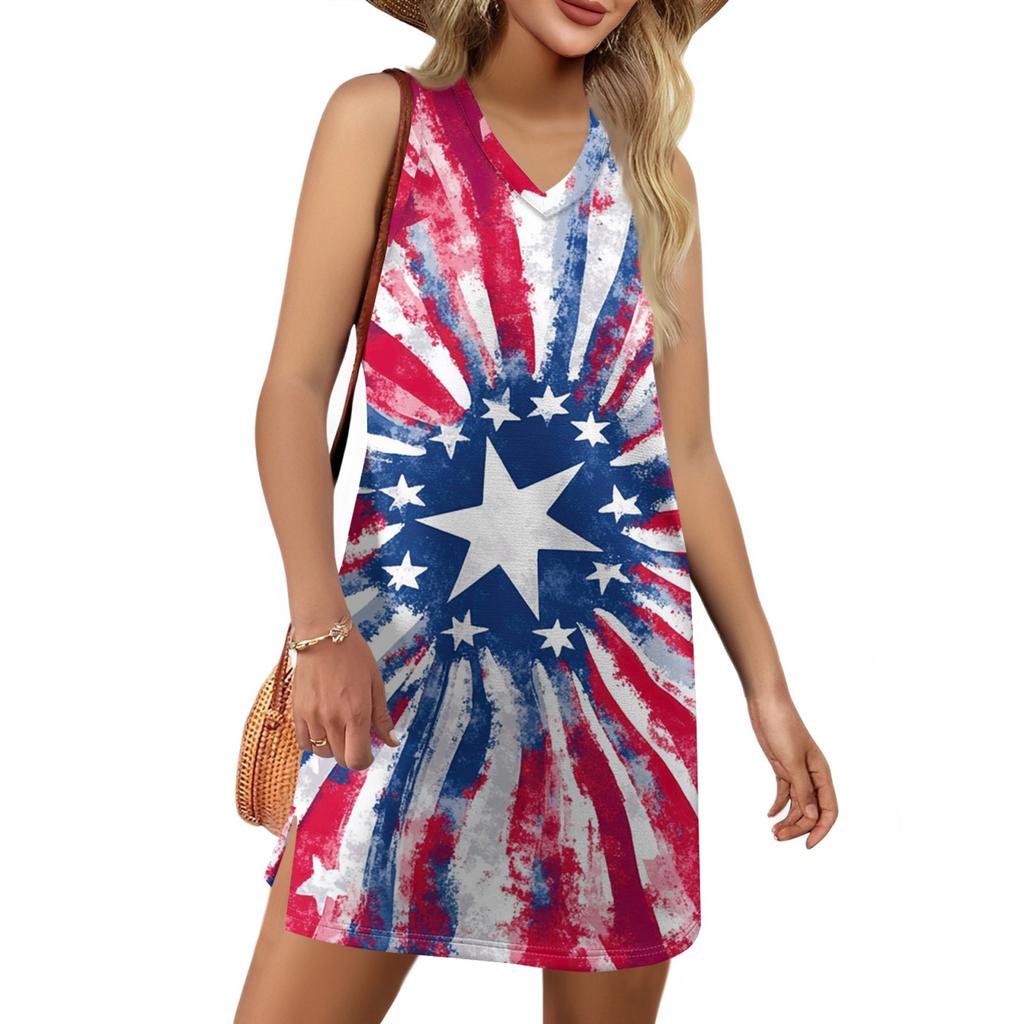 Women's V-neck Summer Casual Beach Vacation Women's Sleeveless Independence Day Print Sundress