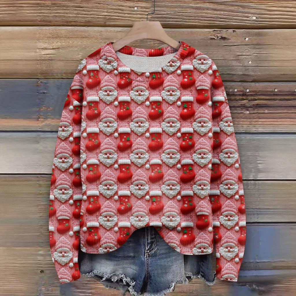 Women's Christmas Print Cardigan Long Sleeve Round Neck Knit Top