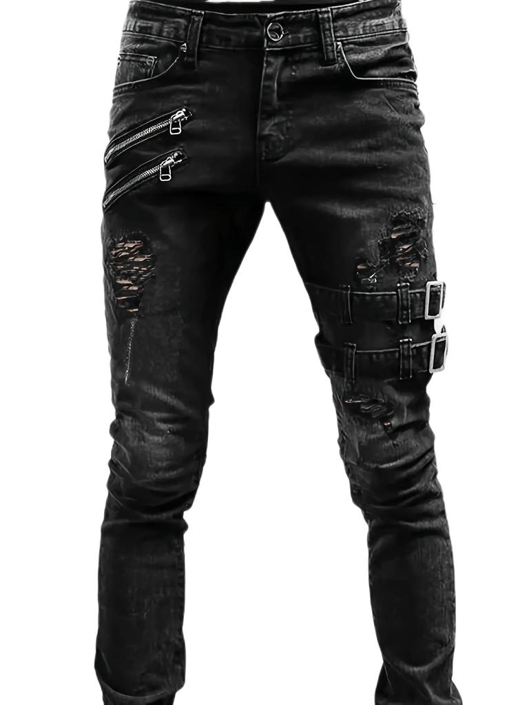 Men's Casual Skinny Biker Jeans, Chic Street Style Medium Stretch Denim Pants