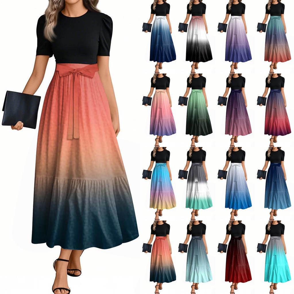 Women's Fashion Casual Belted Short Sleeve Round Neck Printed Elegant Temperament Dresses